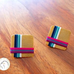 Handmade gold plated earrings blue white thread new